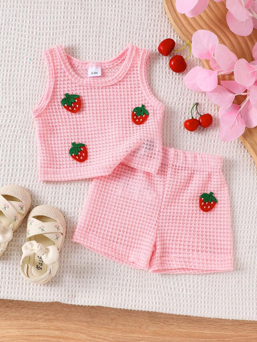 2pcs Baby Girls Cute Sweet Hollow Strawberry Print Pink Cropped Tank Top + Shorts Set, Summer - Pink - View 1