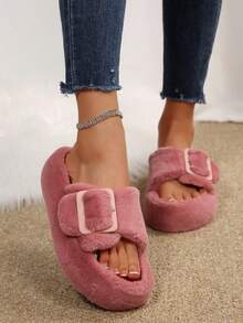 Women's Fluffy Platform Slippers – Cute Fuzzy Slides With Buckle Accent For Home & Casual Wear, Warm & Cozy Shoes - Màu Hoa hồng đỏ - Xem 2
