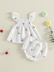Conjunto de 2 Piezas para Niña Pequeña, Top con Cuello Cuadrado, Mangas Volantes y Estampado de Cerezas + Shorts - Blanco - Ver 7