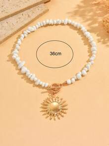 1pc Turquoise Beaded Necklace With Fashionable Metal Sun Pendant, Suitable For Women's Daily And Vacation Wear - Multicolor - View 4