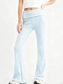 Women's Flared Pants Stylish Solid Color Ribbed Fold-down Waist Design Casual Slim Fit Bell Bottoms - Celeste - Ver 3