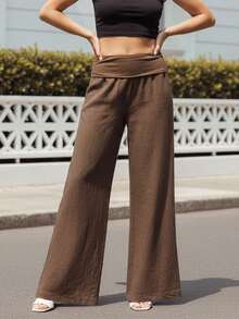 Pantalones de cintura baja para mujer, color liso, pierna ancha, holgados, cómodos, informales, para uso diario. - Café integral - Ver 5