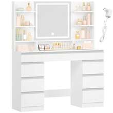 HaluPeit Toeletta da Trucco Grande con Illuminazione a LED, 3 Colori, Luminosità Regolabile, Tavolo da Trucco con Specchio, 9 Cassetti, 9 Ripiani Aperti, Stile Moderno, Bianco-Argento - Spina tipo C UE (220-240 V) - Visualizzare 7
