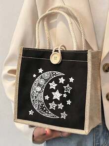 一套星月图案和“斋月吉祥”设计亚麻手柄手提袋，4种图案可选，亚麻材质手提袋，适合斋月、开斋节、日常出行、购物等多种场合，大容量多用途手提袋 - 彩色 - 查看 6