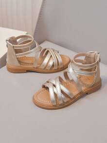 1 đôi sandal cao cổ đế bằng kiểu công chúa dễ thương cho bé gái, chống mài mòn và chống trượt, sandal La Mã hở mũi thời trang cho mùa hè - Vàng - Xem 8