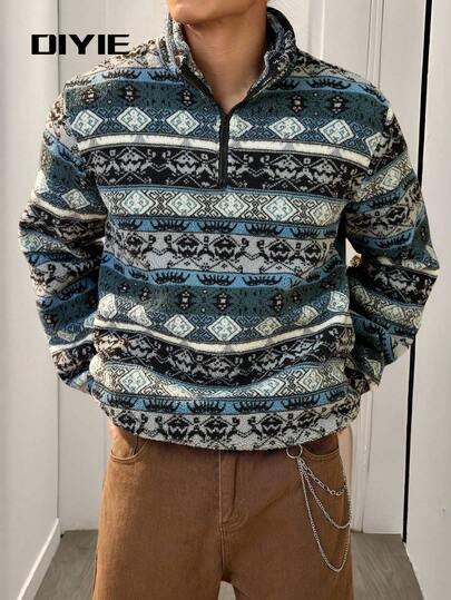 ז'קט קצר לגברים עם גזרה גיאומטרית וצווארון רוכסן, סתיו/חורף, מתנה לחבר, סווטשירט חם לחורף, בגדי גברים לסתיו, סווטשירט עם סוודר לגברים חורפיים, סווטשירט פליז, שרוול ארוך לגברים עם רוכסן בחזית, ז'קט קצר לגברים, סווטשירט פלנל לגברים, אופנת רחוב, סווטשירט לגברים