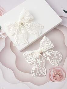 2pcs Ivory Lace Bow Hair Clips, 14+ Style Hair Accessories, Versatile For Work And Daily Wear - Beige - View 4