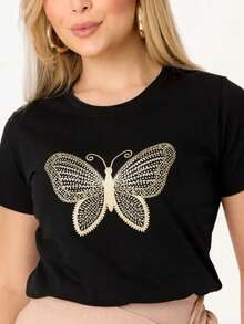 Blusa Feminina 100% Algodão Borboleta Com Strass Premium - Preto - Visão 9