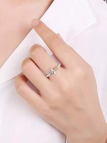 925 Sterling Silver Rose Flower Cross Inlaid Diamond Women's Wedding Ring, Fashionable Luxury, Suitable For Year-Round Wear, Daily Outfit Accessory, Birthday Gift Jewelry - White - View 3
