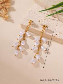 GEREIT 2pcs Minimalist Faux Pearl Tassel Long Earrings, Elegant Design, 18K Stainless Steel, Suitable For Women's Daily Wear - Gold - View 8