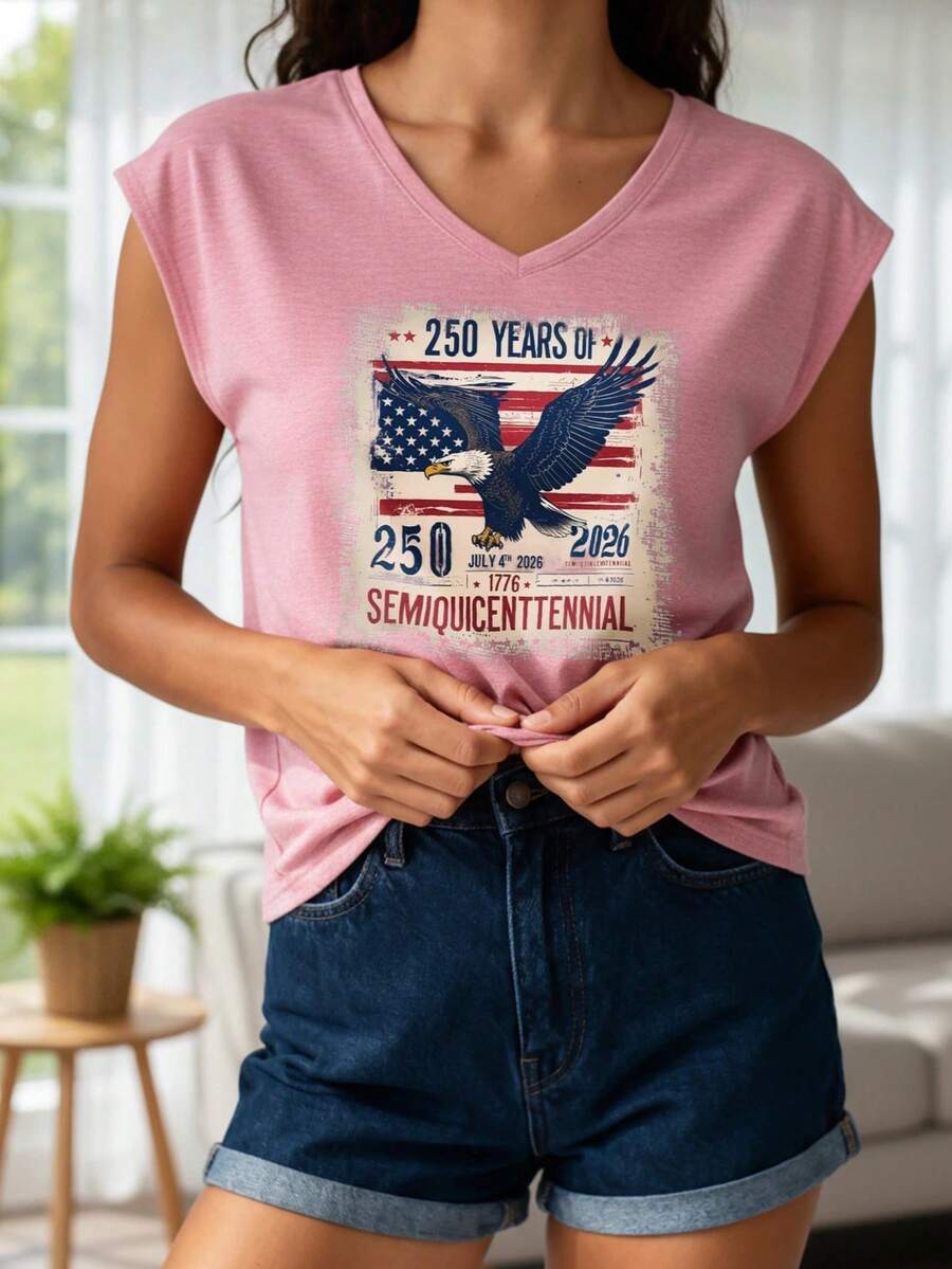 Women's V Neck Tank Top 250th Anniversary Eagle Flag Print Retro Patriotic Independence Day Summer Top - 淺粉色 - 查看 1