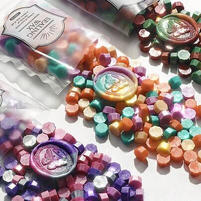 100颗带闪光的蜡封珠，适用于蜡封印章，是婚礼请柬、信封、信件、DIY工艺品和礼品包装的经典装饰。
