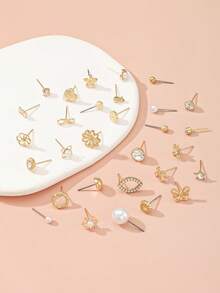 30 Pairs Assorted Flower, Heart, Bow Knot, Faux Pearl Metal Rhinestone Stud Earrings, Casual & Everyday Wear - Yellow Gold - View 2