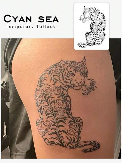 Een tijdelijke Valentijnsdag tattoo sticker, Y2K-stijl zwart tijgerpatroon, waterdicht, zweetbestendig, afwasbaar, niet-reflecterend, geschikt voor arm- en schoudertattoos, geschikt voor individuen, blijft 3-5 dagen zitten.