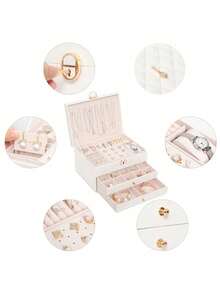 Hộp đựng trang sức 3 tầng dung tích lớn, hình thoi, có khóa, hộp trang trí phòng ngủ để đựng nhẫn, bông tai, dây chuyền, vòng tay, chống bụi và chống oxy hóa, chất liệu da PU, quà tặng cho bạn gái, mẹ, quà tựu trường. - Nhiều màu - Xem 4