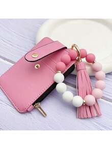 Silicone Beaded Bracelet Wristband With PU Leather Mini Wallet - Vintage Tassel Card Holder Keychain, Holds ID Credit Business Card, Perfect Gift For Women Birthday Christmas Thanksgiving Vacation - Black - View 10