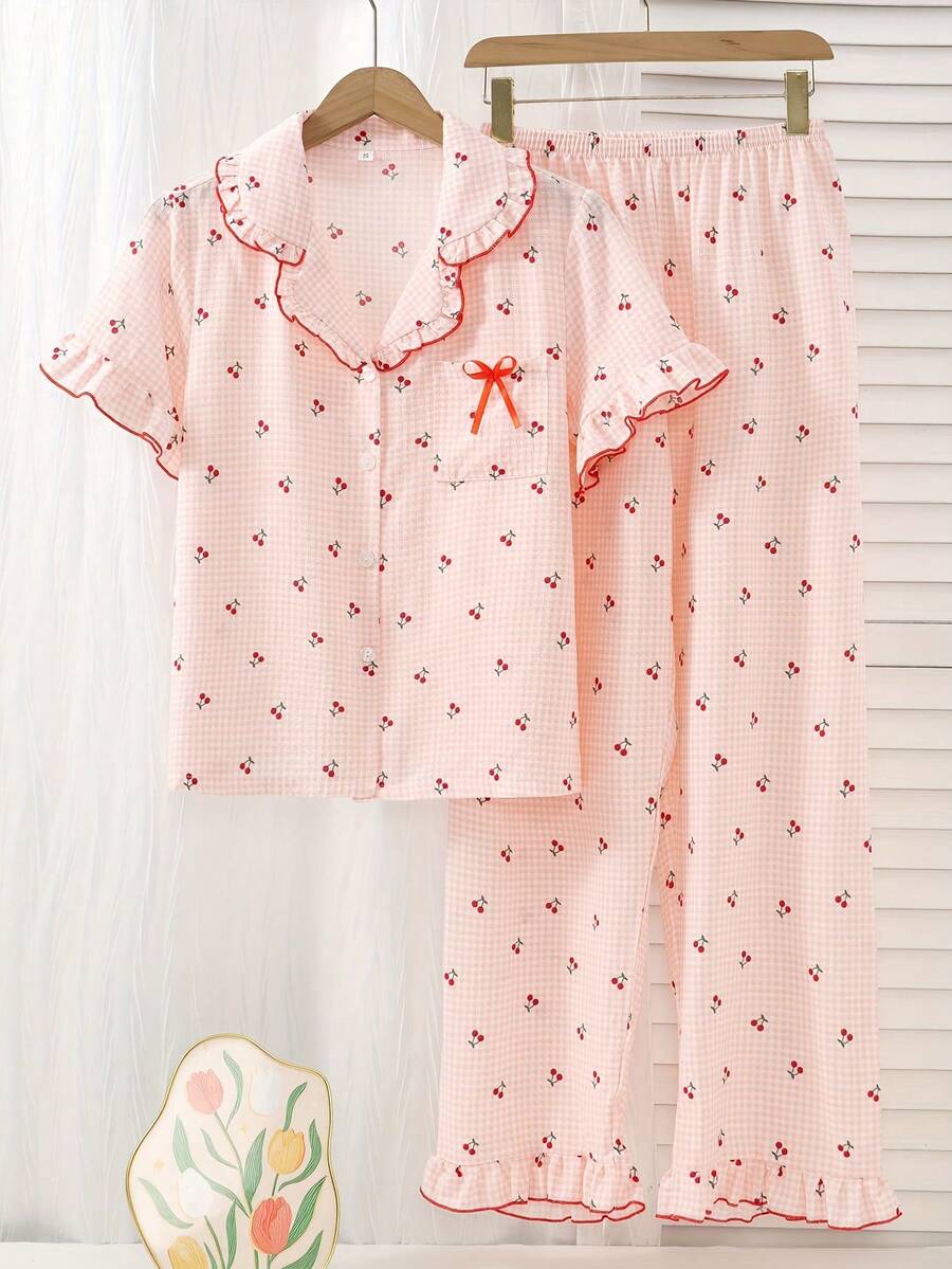 Bộ đồ nữ mùa xuân/hè nhẹ nhàng, họa tiết kẻ caro anh đào, xếp ly, nơ và có túi, kiểu dáng giản dị, thích hợp mặc ở nhà và ngoài trời. - Hồng - Xem 1
