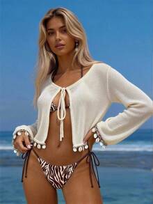 Áo khoác cardigan nữ Mejors kiểu dáng thường ngày, gợi cảm, đính sequin hình vỏ sò, thắt nơ phía trước, tay dài, mỏng, màu trơn, phong cách đường phố Y2K thời thượng, thích hợp cho bãi biển, nhà, trường học, hẹn hò, lễ hội nhạc đồng quê, mặc hàng ngày, mùa xuân và mùa hè. - trắng - Xem 6