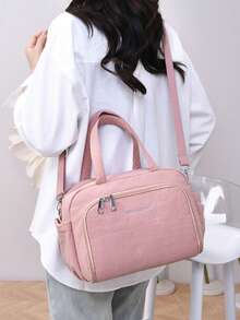 1pc Pink Lightweight Nylon Multi-Compartment Handbag & Shoulder Bag, Zipper Closure, Women Commuter Bag, All Season - Pink - View 7