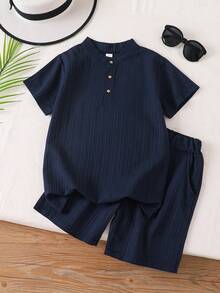 Set 2pcs/Set Kemeja dan Celana Pendek Jacquard Warna Polos untuk Anak Laki-laki, Pakaian Kasual untuk Liburan, Balita & Anak Besar, Musim Panas - Navy Blue - View 1