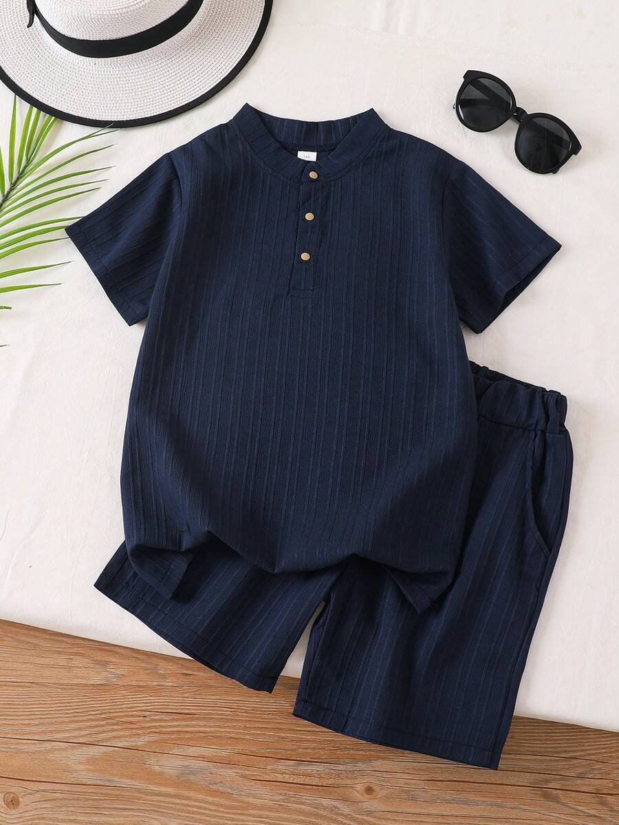 Set 2pcs/Set Kemeja dan Celana Pendek Jacquard Warna Polos untuk Anak Laki-laki, Pakaian Kasual untuk Liburan, Balita & Anak Besar, Musim Panas - Navy Blue - View 1