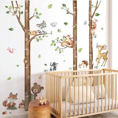 Large Birch Tree Forest Animals Wall Stickers, Woodland Wildlife Jungle Bear Deer Rabbit Fox Wall Decals,For Bedroom Playroom Living Room Home Wall Decor