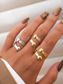 3pcs/1pc Fashionable Geometric Line Gold Stainless Steel Rings, Personalized Stackable Knuckle Rings For Women, Suitable For Vacation, Date, Gift, Daily Matching, Best For Valentine's Day, Mother's Day - Multicolor - View 4