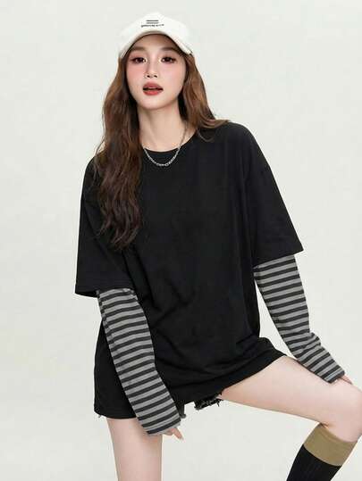 JUTU Spring & Autumn Black Striped Patchwork Sleeve T-Shirt, Comfortable Loose Fit Long Sleeve Top, Young Lady Style