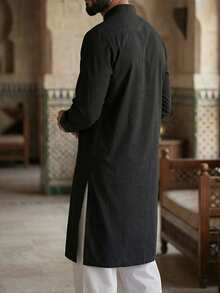 Style Men's Black Button Down Mid-Calf Split Hem Casual Long Robe - Black - View 2