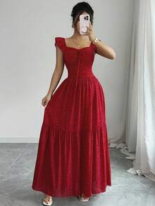 Women's French Elegant Casual Vacation Dress - Square Neck Ruffled Sleeve Polka Dot Pleated Flowy Skirt With Back Tie - 紅色 - 查看 7