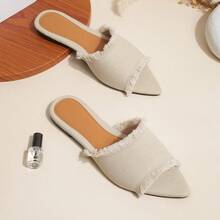 Elegant Apricot Sandals For Women, Raw Trim Denim Slide Sandals,Spring Summer Outfits - Apricot - View 13