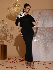 New Elegant 3D Floral Decor Black & White Contrast Long Sleeve Cape Dress, Graceful Formal Gown For Wedding Guest, Bridesmaid, Party, Evening Occasion - Black - View 4