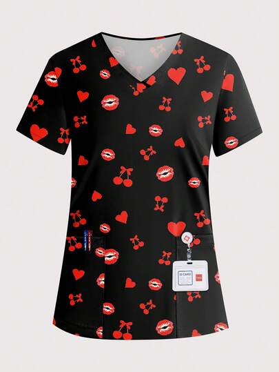cimmuovere Áo đồng phục y tá/nha sĩ/nha sĩ/chăm sóc sức khỏe nữ, cổ chữ V, tay ngắn, in hình trái tim dễ thương, có hai túi, thích hợp cho bệnh viện thú y và phòng thí nghiệm.
