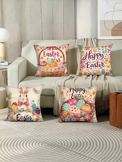 4pcs, Easter Egg Bunny Flower Colorful Art Throw Pillow- Soft And Comfortable Sofa Pillow For Living Room, Bedroom, Home Decor Cushion- Square Cushion Cover, No Pillow Core, Decorative Throw Pillows, Sofa Cushion Cover, Bedroom Decor, Floral Design, Contemporary Style, Cover, Soft Fabric, No Insert Needed, Decorative Pillowcase, Cozy Home Lovers, Home Stylists