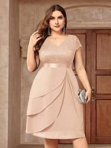 Plus Size Sequin Lace V-Neck Ruffle Hem Chiffon Cocktail Party Swing Dress, Valentine's Day Formal Dress, Suitable For Dinner Date, Graduation Ceremony, Homecoming Summer Elegant - Champagne - View 2