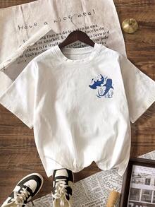 女士休闲圆领短袖 T 恤，带有鲨鱼印花保护海洋设计 - 白色 - 查看 2