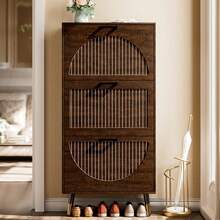 Farmhouse Shoe Cabinet Storage For Entryway, Slim Shoe Rack Cabinet With Flip Drawers, Narrow Shoe Organizer Cabinet With Stylish Round Panel, Metal Leg And Handle - Walnut - View 3