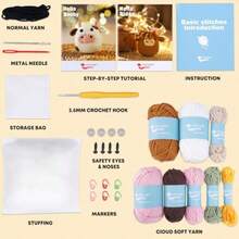 CrochetBox - Kit de ganchillo para principiantes vaca y búho de las tierras altas aprenden a ganchillo animales de peluche regalo para adultos y adolescentes juego de tejer con gancho de hilo - 2 piezas de vaca y vaca café Highland - Ver 3