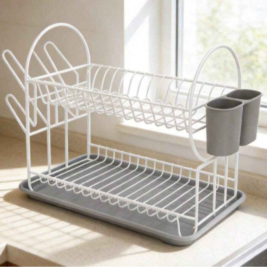 Giá phơi bát đĩa đa năng (1 chiếc) - 3 màu để lựa chọn, giá phơi bát đĩa 2 tầng tích hợp cốc đựng dụng cụ và khay thoát nước, kết cấu chắc chắn, hoàn hảo cho nhà bếp và mặt bàn nhỏ. - Nhiều màu - Xem 1