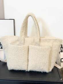 1pc Plush Material Multi-Compartment Tote Shoulder Bag, Open Top Design, Versatile For Commuting, Autumn/Winter - Beige - View 8