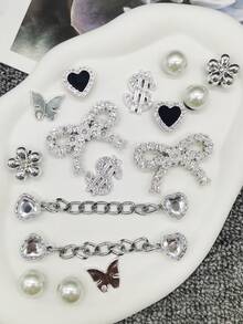 16pcs Luxury Silver Bow Resin Shoe Decorations, Punk Heart Chain, Sparkling Rhinestone, Faux Pearl Flower Shoe Clips, Suitable For Women Sandals, Slippers, Beach Shoes, Bags, Christmas, Halloween, Birthday, Party Gifts - Multicolor - View 2