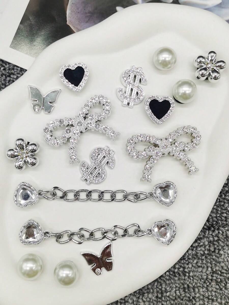 16pcs Luxury Silver Bow Resin Shoe Decorations, Punk Heart Chain, Sparkling Rhinestone, Faux Pearl Flower Shoe Clips, Suitable For Women Sandals, Slippers, Beach Shoes, Bags, Christmas, Halloween, Birthday, Party Gifts