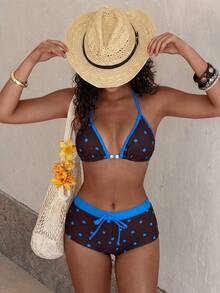 Sultry Sol Bộ bikini nữ màu vàng chấm bi kiểu retro, đồ bơi phối màu cổ điển, thích hợp cho các buổi đi chơi, tiệc sinh nhật, trang phục thường ngày, phong cách Y2K, phong cách những năm 2000, thanh lịch, phong cách quý tộc xưa, thời trang đường phố, kỳ nghỉ, trang phục đi biển mùa hè. - Màu xanh đậm - Xem 4