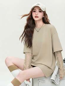 JUTU Khaki Romantic Loose Round Neck Lace Patchwork Sleeve 2 In 1 Solid Color Spring Women Long Sleeve T-Shirt Summer Casual - 2A11 Khaki - View 4