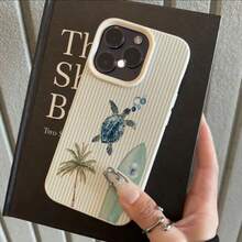 1pc TPU Material Refreshing Blue Striped Sea Turtle & Palm Tree Surfboard Pattern Phone Case Compatible With IPhone 17 Pro Max/17/16 Pro Max/15/13/12/11, S20 FE/A15/S24/A55, Compatible With Redmi Note 11/12/13 Pro, Full Coverage Anti-Drop Soft Protective Cover,International Version, Not The Domestic Version - White - View 2