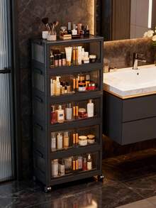 1个40/50/60厘米可折叠储物柜,1-5层双门储物整理柜,加厚塑料带轮储物柜,客厅玩具零食多层柜,衣物收纳柜,家用防尘置物架 - 黑色透明 - 查看 3