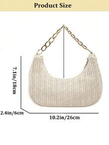 Fashionable Solid Color Woven Moon Shaped Women's Bag With Metal Chain Strap, Straw Crescent Women's Multipurpose Handbag,Casual Beach Vacation Style Shoulder Underarm Tote Bag, Eye-Catching Beach Bag, Hottest Beach Bags For Women, Fashion Summer Vacation Bag,Can Be Used As Handbag, Shoulder Bag, Tote Bag, Beach Bag, Casual Woven Bag, And Cell Phone Bag, Summer Essentials, Perfect For Vacation & Holiday, Beach Purse, Perfect For Summer, Vacation & Daily Use, Travel Must Haves[US Local Warehouse]The Best Gift Choice, Birthday Gift - 彩色 - 查看 10