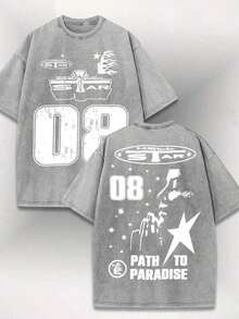 2026 Summer Tops T-Shirt, Distressed Washed Pure Cotton Round-Neck Short-Sleeved Shirt, Featuring The Number "08" And Star-Letter Pattern On Both Sides Of The Print, With A Casual Street Style, Suitable For Summer Clothing. Loose And Comfortableshirt - 灰色 - 查看 8