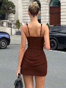 Fashionable Sexy Elegant Short Spaghetti Strap Mini Bodycon Dress, Summer Pleated Party Cocktail Dress, Brown Fishbone Tie Back Backless Evening Gown - Brown - View 10