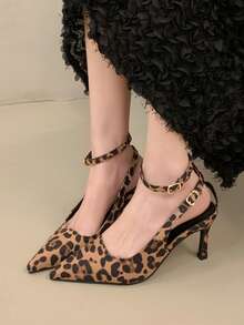 Women's Fashion Sexy Pointed Toe Leopard Print Stiletto Heels, Low Vamp Versatile Strap Sandals, Spring/Summer 2026 New Arrival - Brown - View 3